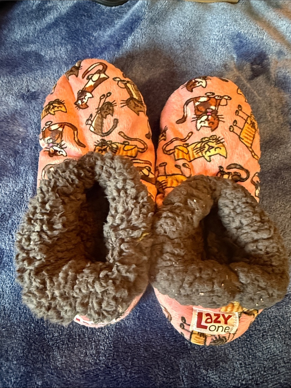 Lazy One Pink Cat Print Kids Slippers with Brown Plush Cuffs